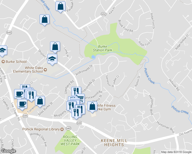 map of restaurants, bars, coffee shops, grocery stores, and more near 9025 Andromeda Drive in Burke