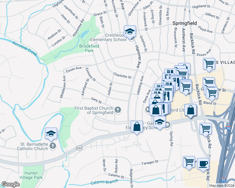 map of restaurants, bars, coffee shops, grocery stores, and more near 7310 Exmore Street in Springfield