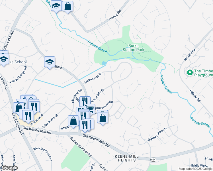 map of restaurants, bars, coffee shops, grocery stores, and more near 9025 Andromeda Drive in Burke