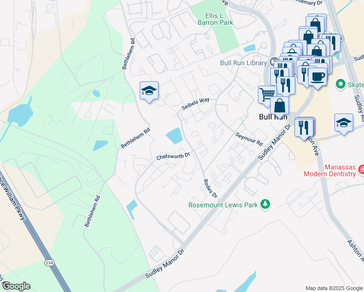 map of restaurants, bars, coffee shops, grocery stores, and more near 8064 Stonewall Brigade Court in Manassas