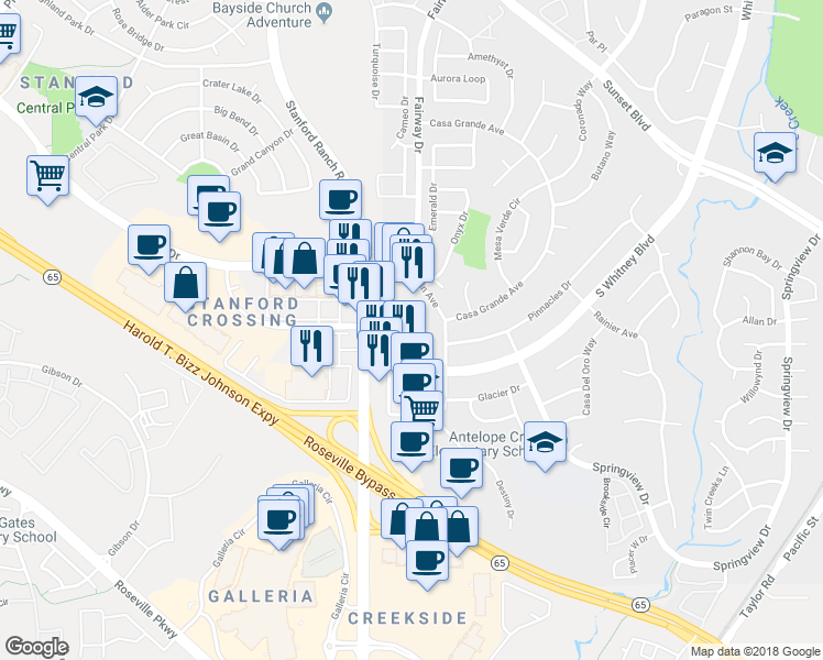map of restaurants, bars, coffee shops, grocery stores, and more near 6681 Stanford Ranch Road in Rocklin