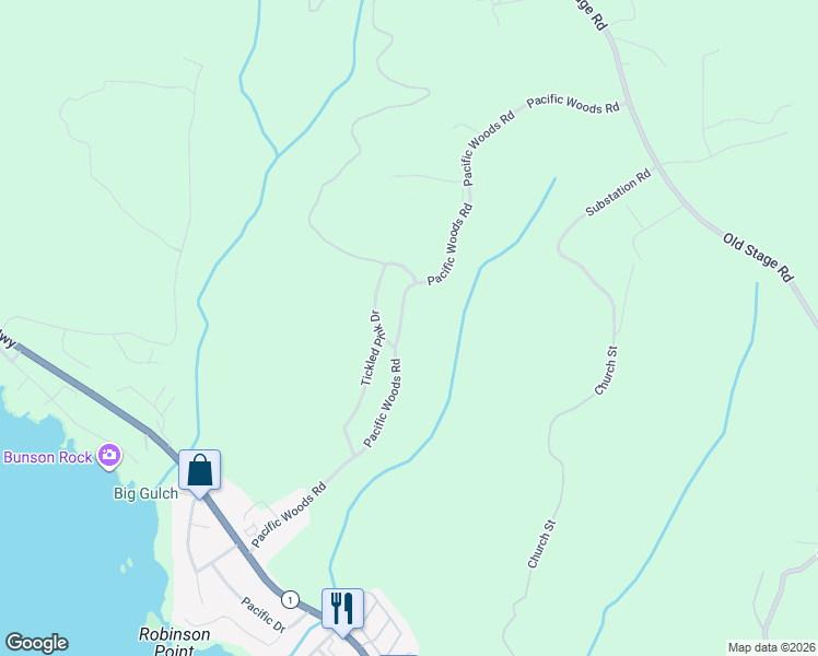 map of restaurants, bars, coffee shops, grocery stores, and more near 46225 Pacific Woods Road in Gualala