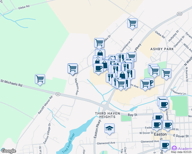 map of restaurants, bars, coffee shops, grocery stores, and more near 28539 Marlboro Avenue in Easton