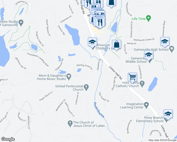 map of restaurants, bars, coffee shops, grocery stores, and more near 8129 Tenbrook Drive in Gainesville