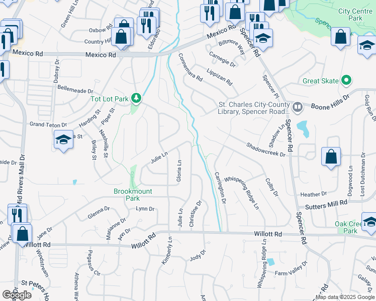 map of restaurants, bars, coffee shops, grocery stores, and more near 53 Julie Lane in St. Peters