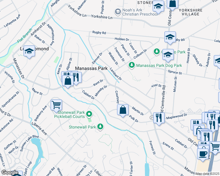 map of restaurants, bars, coffee shops, grocery stores, and more near 259 Moseby Drive in Manassas Park