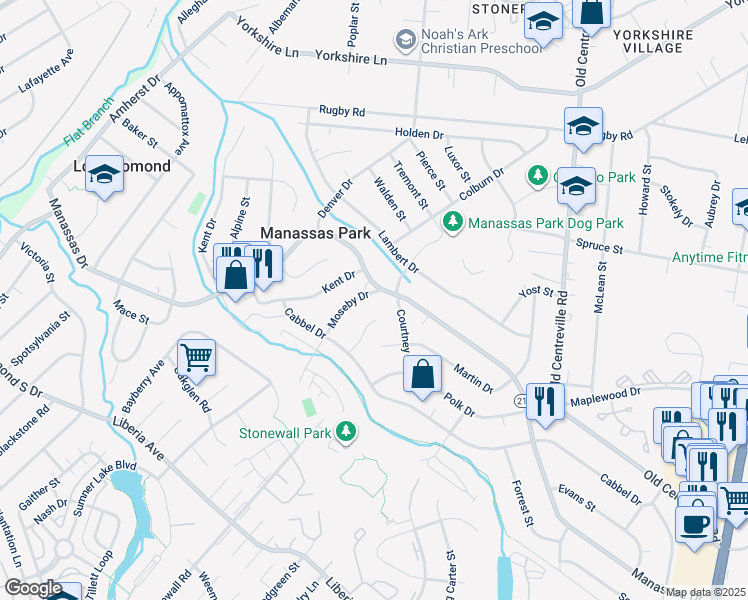 map of restaurants, bars, coffee shops, grocery stores, and more near 261 Moseby Drive in Manassas Park