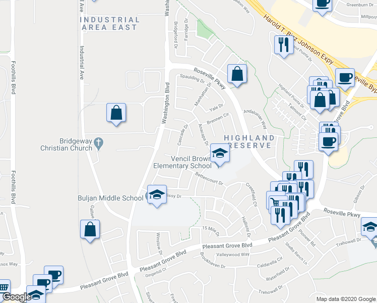 map of restaurants, bars, coffee shops, grocery stores, and more near 36 Delaney Court in Roseville