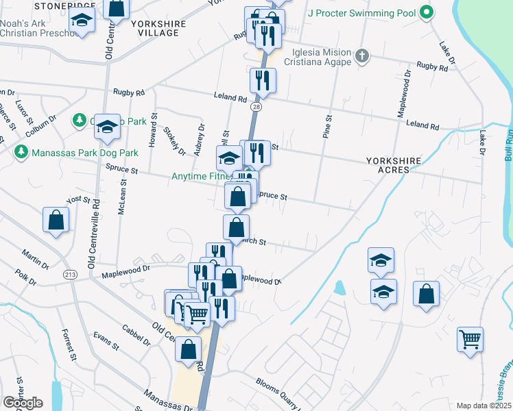 map of restaurants, bars, coffee shops, grocery stores, and more near 8219 Spruce Street in Manassas