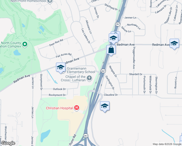 map of restaurants, bars, coffee shops, grocery stores, and more near 2126 Armitage Drive in St. Louis