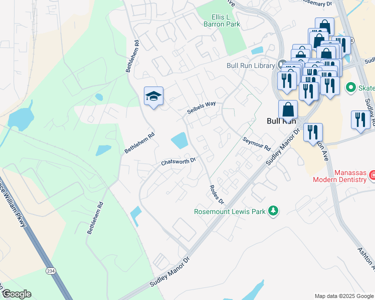 map of restaurants, bars, coffee shops, grocery stores, and more near 8064 Stonewall Brigade Court in Manassas