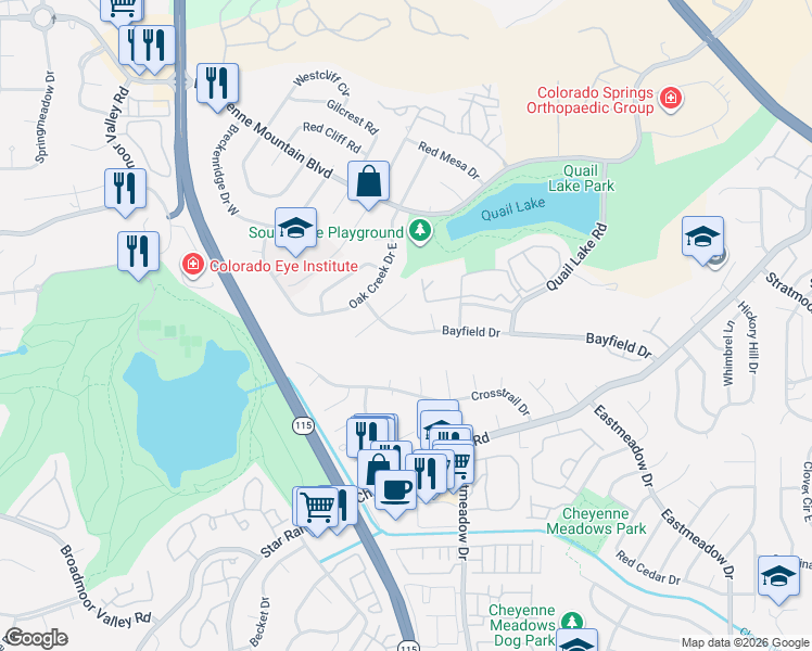 map of restaurants, bars, coffee shops, grocery stores, and more near 3430 Greystone Court in Colorado Springs