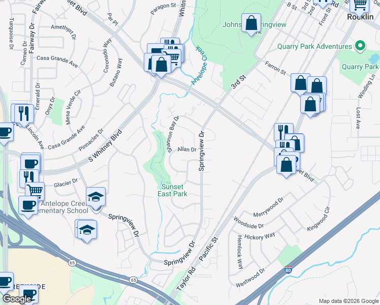 map of restaurants, bars, coffee shops, grocery stores, and more near 5833 Tweedsmuir Drive in Rocklin