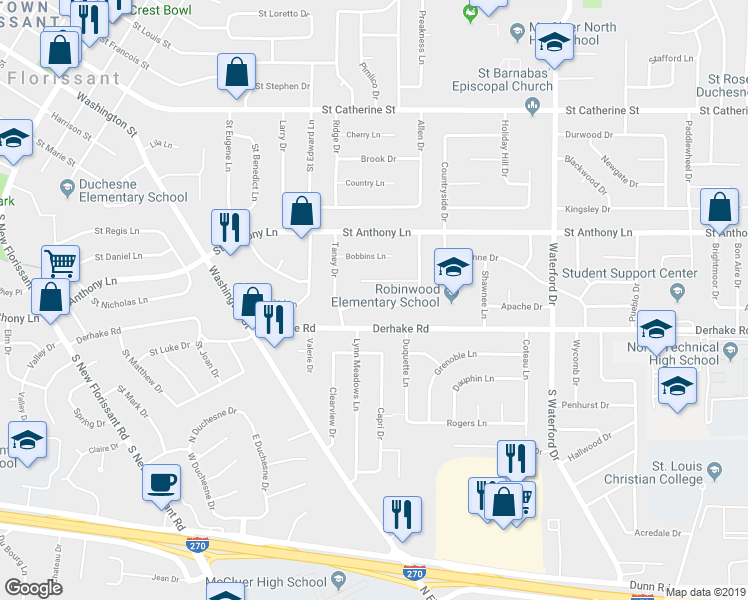 map of restaurants, bars, coffee shops, grocery stores, and more near 835 Pebble Lane in Florissant