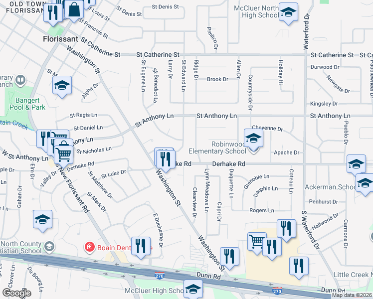 map of restaurants, bars, coffee shops, grocery stores, and more near 190 Saint Edward Lane in Florissant