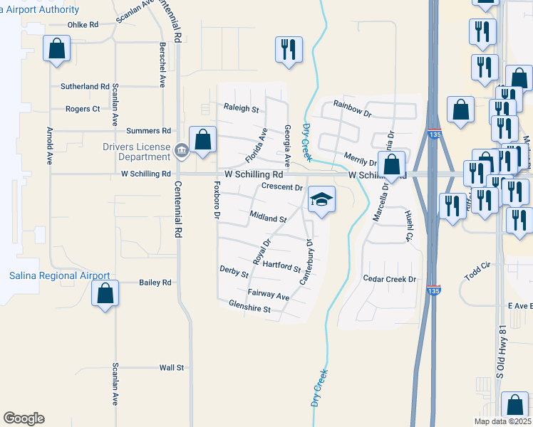 map of restaurants, bars, coffee shops, grocery stores, and more near 1309 Crescent Drive in Salina