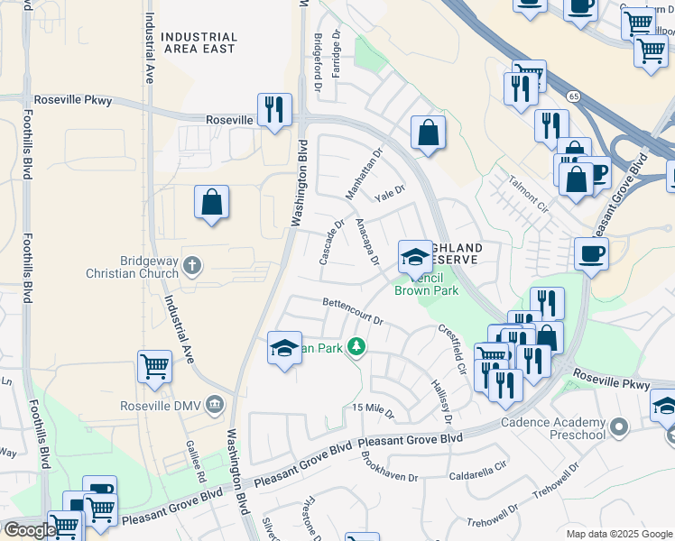 map of restaurants, bars, coffee shops, grocery stores, and more near 52 Celestial Court in Roseville