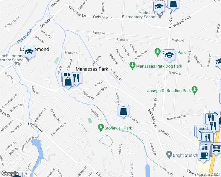 map of restaurants, bars, coffee shops, grocery stores, and more near 259 Moseby Drive in Manassas Park