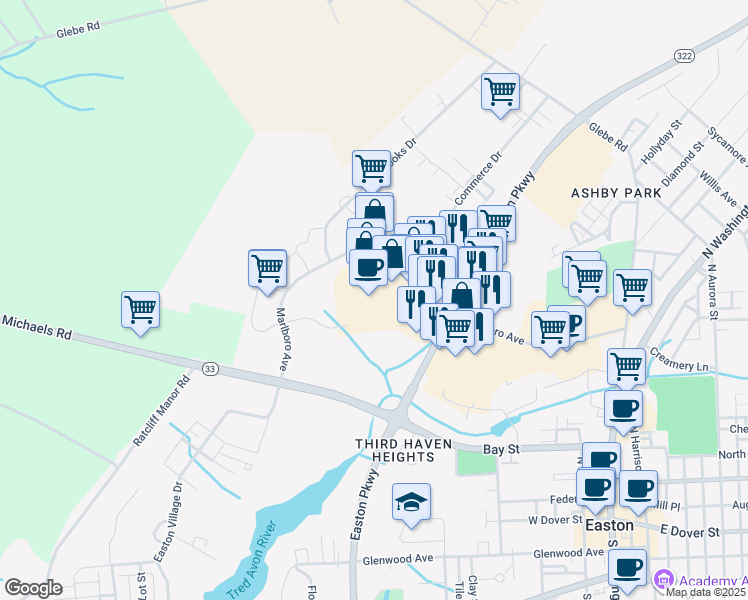 map of restaurants, bars, coffee shops, grocery stores, and more near 28539 Marlboro Avenue in Easton