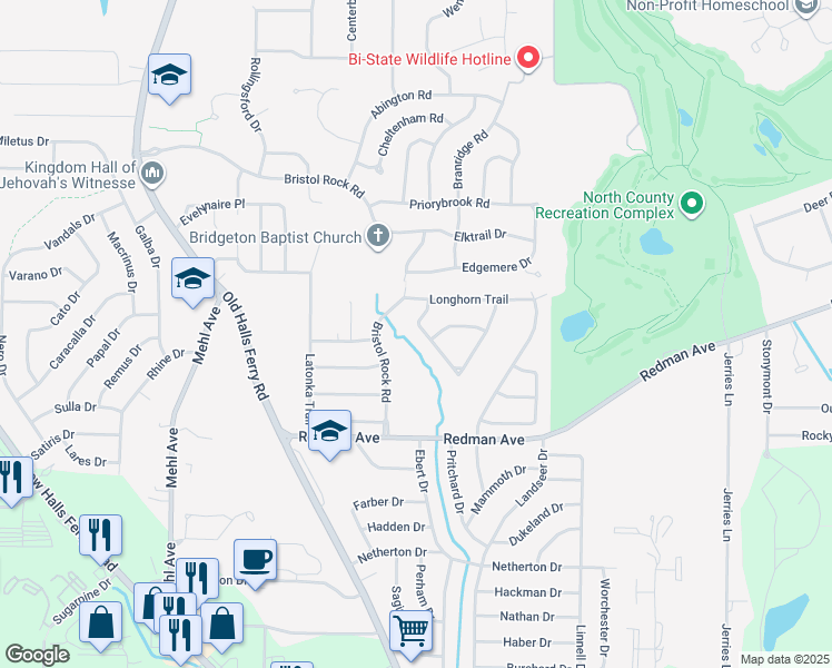 map of restaurants, bars, coffee shops, grocery stores, and more near 11464 Tobaggan Trail in Florissant