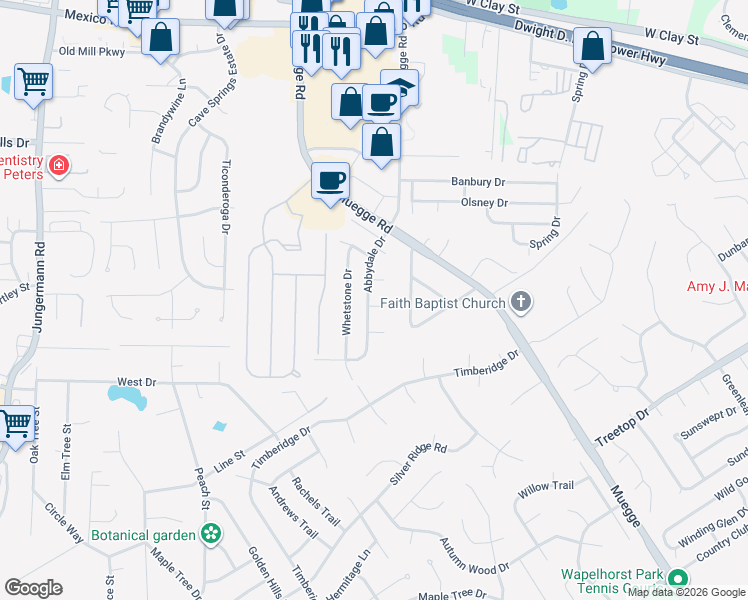 map of restaurants, bars, coffee shops, grocery stores, and more near 2527 Abbydale Drive in Saint Charles