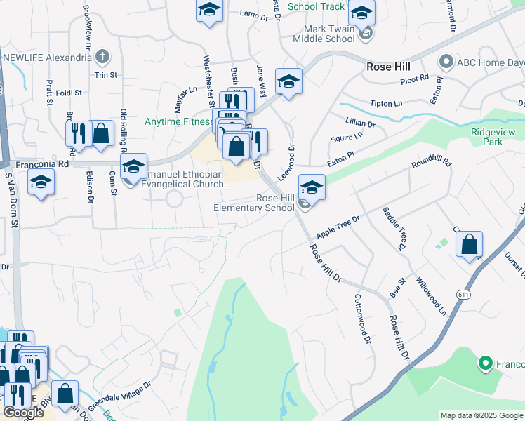 map of restaurants, bars, coffee shops, grocery stores, and more near 4910 Celtic Drive in Alexandria
