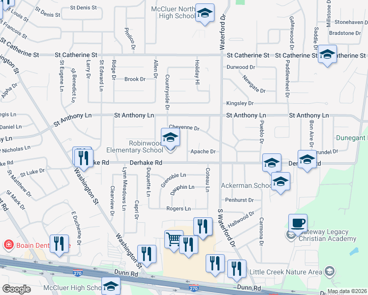 map of restaurants, bars, coffee shops, grocery stores, and more near 130 Shawnee Lane in Florissant