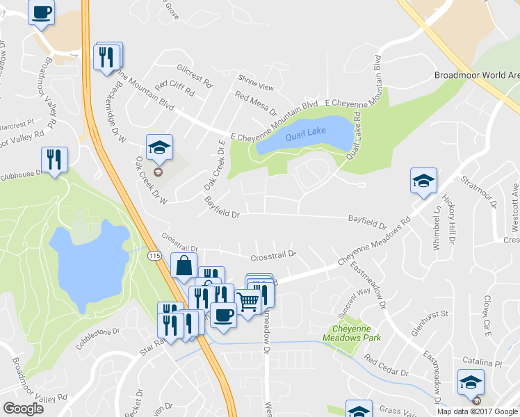 map of restaurants, bars, coffee shops, grocery stores, and more near 820 Quail Lake Circle in Colorado Springs