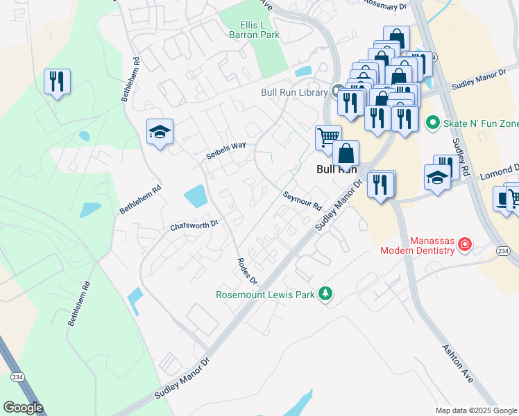 map of restaurants, bars, coffee shops, grocery stores, and more near 11009 Kinship Court in Manassas