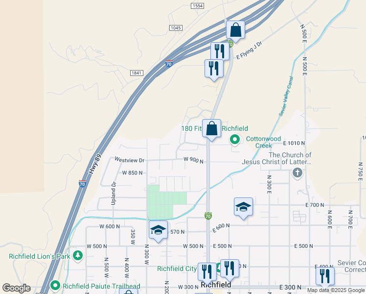 map of restaurants, bars, coffee shops, grocery stores, and more near 1029 North Plaza Drive in Richfield