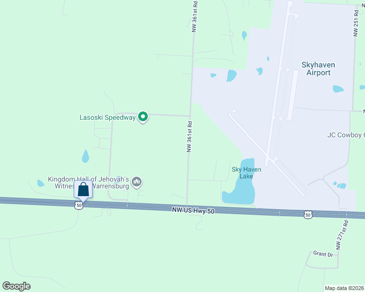 map of restaurants, bars, coffee shops, grocery stores, and more near 132 Northwest 361st Road in Warrensburg