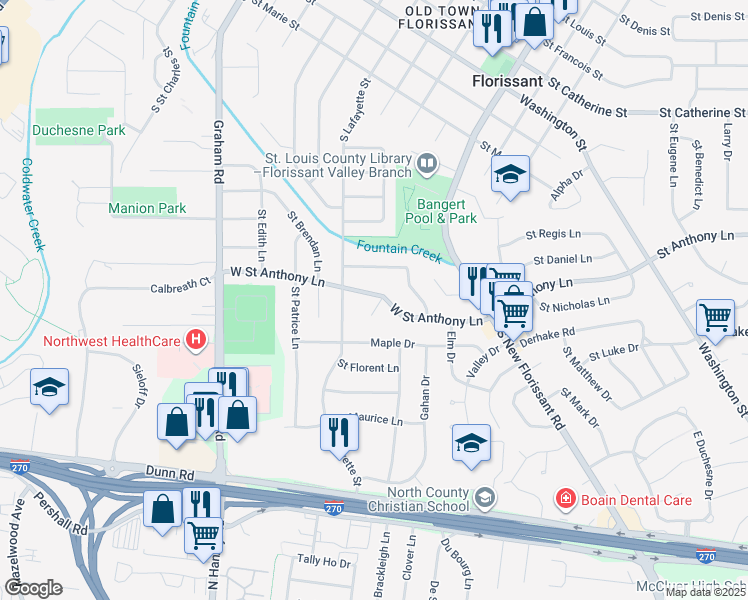 map of restaurants, bars, coffee shops, grocery stores, and more near 195 West Saint Anthony Lane in Florissant