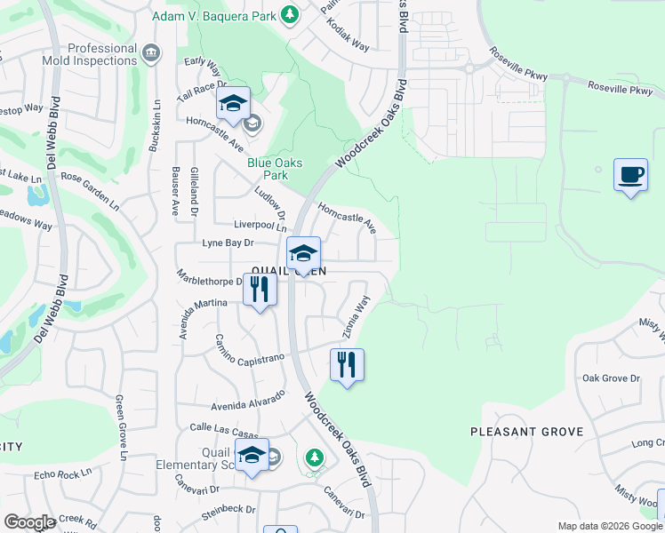 map of restaurants, bars, coffee shops, grocery stores, and more near 7956 Robinson Drive in Roseville