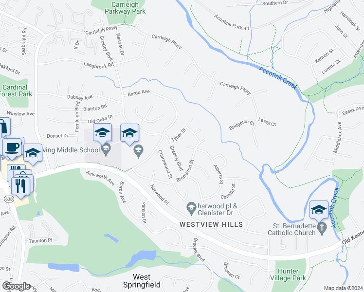 map of restaurants, bars, coffee shops, grocery stores, and more near 6225 Alberta Street in West Springfield