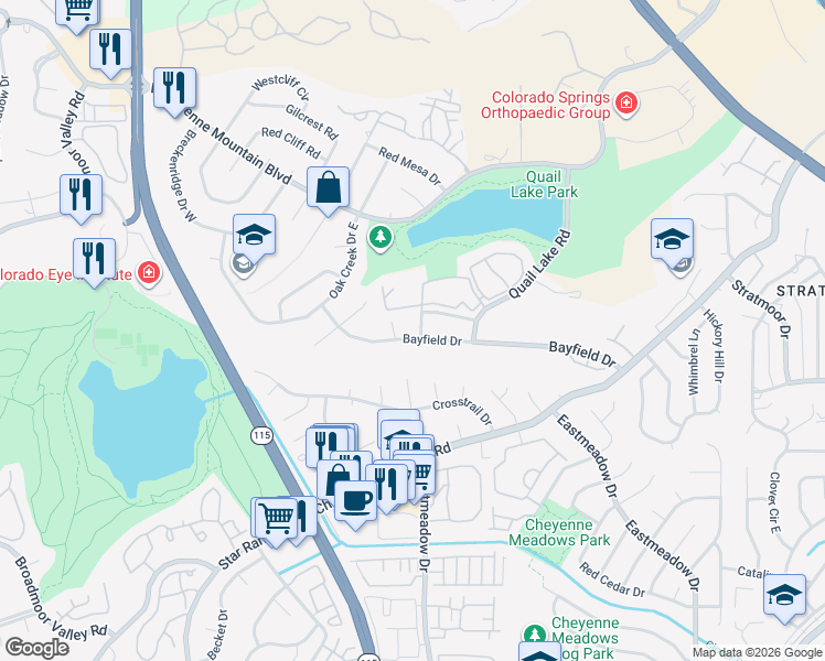 map of restaurants, bars, coffee shops, grocery stores, and more near 814 Bayfield Way in Colorado Springs