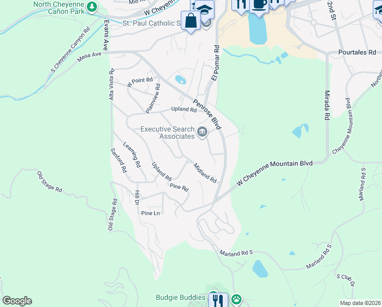 map of restaurants, bars, coffee shops, grocery stores, and more near 11 Midland Road in Colorado Springs