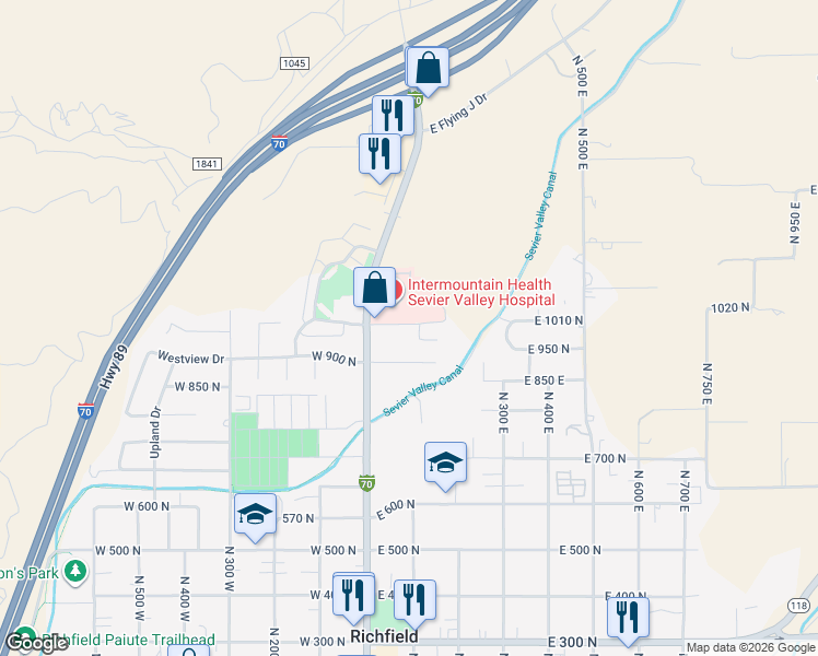map of restaurants, bars, coffee shops, grocery stores, and more near 1-199 E 1000 N in Richfield