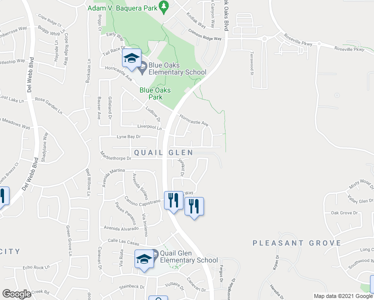 map of restaurants, bars, coffee shops, grocery stores, and more near 317 Saint Brendan Court in Roseville