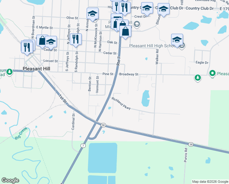 map of restaurants, bars, coffee shops, grocery stores, and more near 400 Missouri 7 in Pleasant Hill