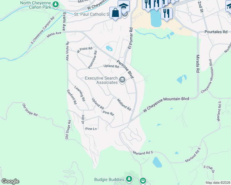 map of restaurants, bars, coffee shops, grocery stores, and more near 11 Midland Road in Colorado Springs