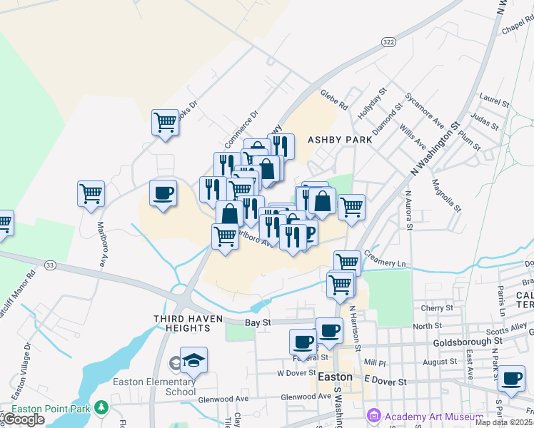 map of restaurants, bars, coffee shops, grocery stores, and more near 207 Marlboro Avenue in Easton