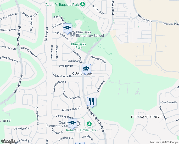 map of restaurants, bars, coffee shops, grocery stores, and more near 7916 Robinson Drive in Roseville