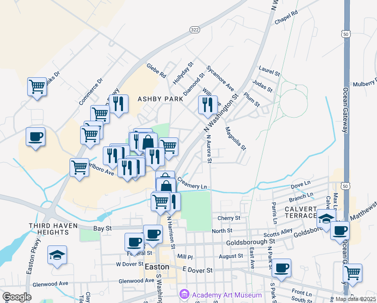 map of restaurants, bars, coffee shops, grocery stores, and more near 328 Maryland 565 in Easton