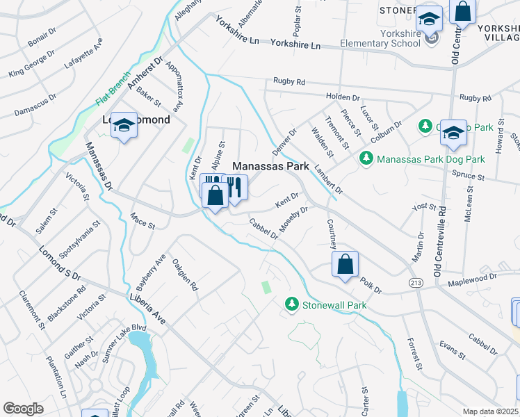 map of restaurants, bars, coffee shops, grocery stores, and more near 256 Kent Drive in Manassas Park