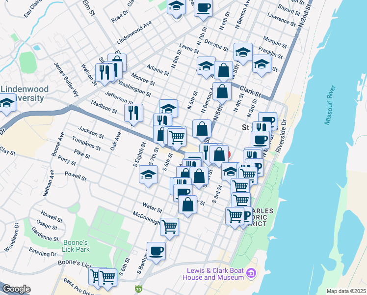 map of restaurants, bars, coffee shops, grocery stores, and more near 220 South 6th Street in Saint Charles