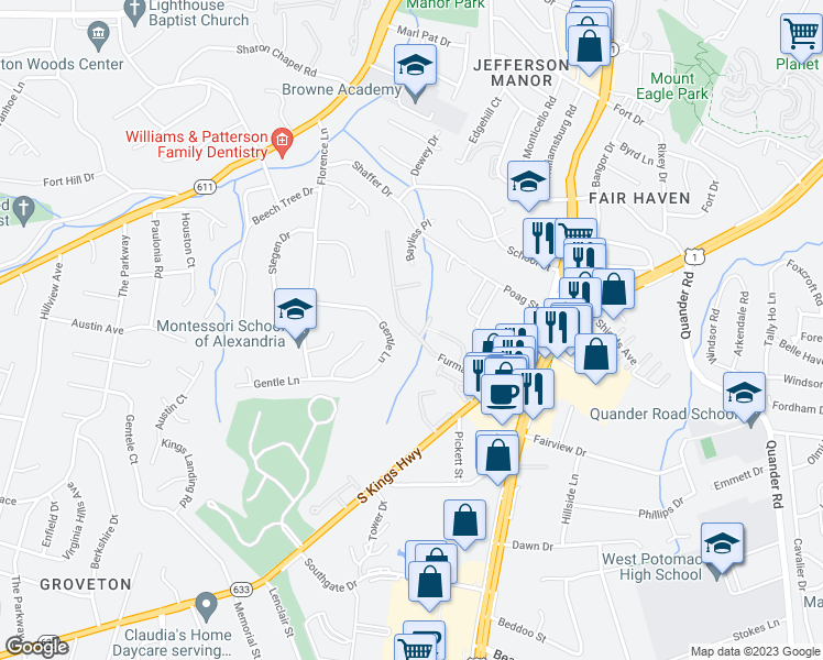 map of restaurants, bars, coffee shops, grocery stores, and more near Furman Lane in Alexandria