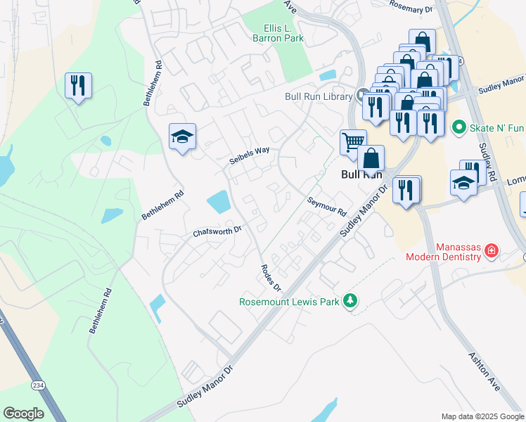 map of restaurants, bars, coffee shops, grocery stores, and more near 8099 Lacy Drive in Manassas
