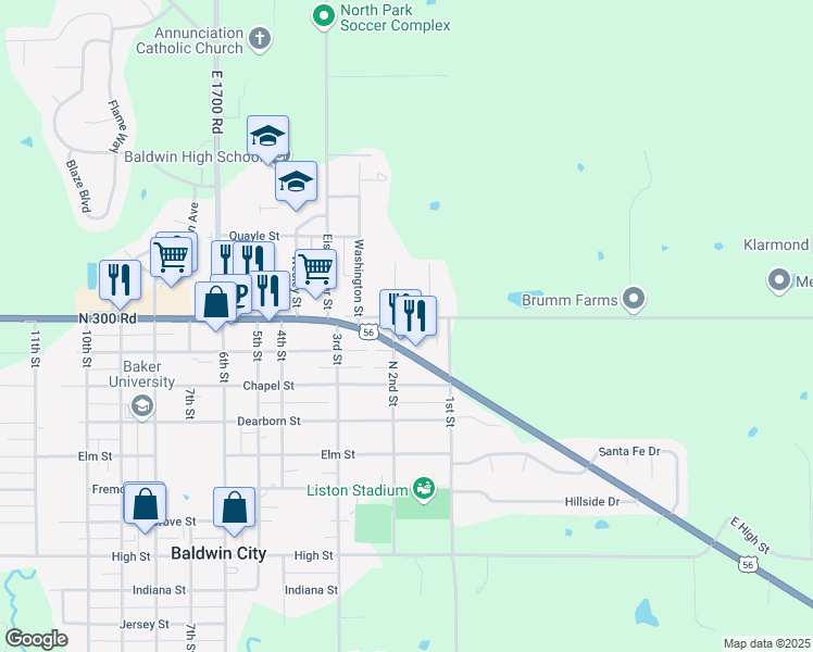 map of restaurants, bars, coffee shops, grocery stores, and more near 101-113 North 2nd Street in Baldwin City