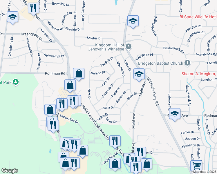 map of restaurants, bars, coffee shops, grocery stores, and more near 4423 Caracalla Drive in Florissant