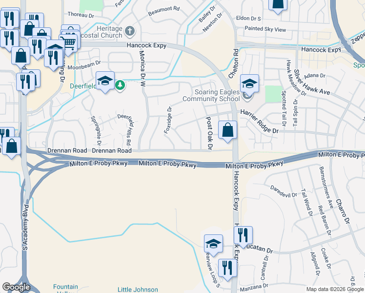 map of restaurants, bars, coffee shops, grocery stores, and more near 4570 Sunnyhill Drive in Colorado Springs